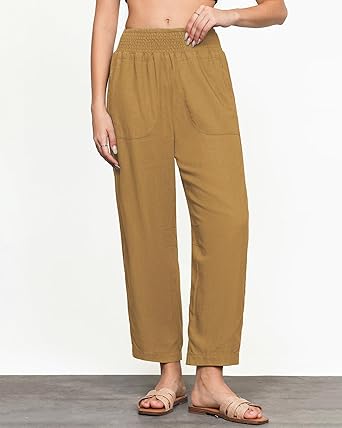 GRAPENT Linen Pants Women Wide Leg High Waisted Cropped Barrel Pull On Smocked Elastic Waist Summer Pants with Pockets