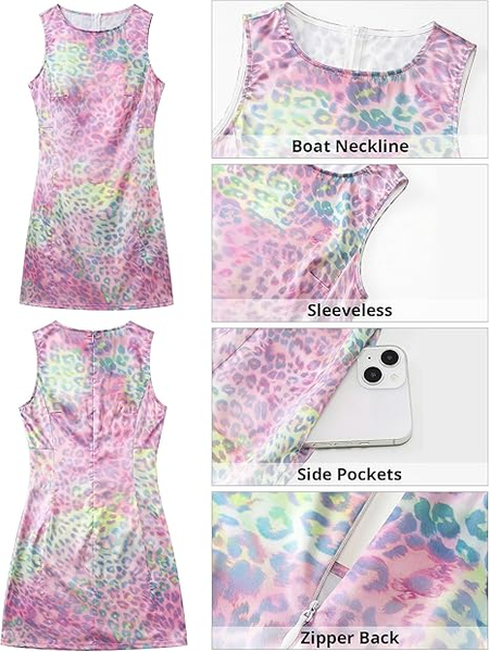 GRAPENT Satin Dress for Women Summer Casual Sleeveless Tank Zip Printed 2026 Cocktail Short Mini Dresses with Pockets