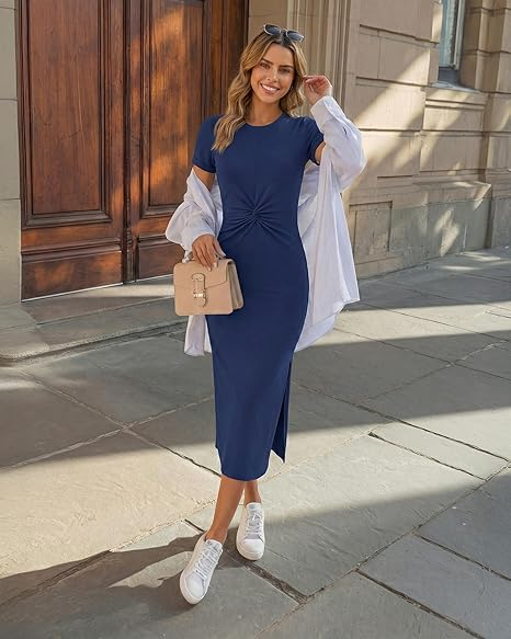 GRAPENT Long Dresses for Women Summer Casual Side Slit Twist Front 2026 Beach Vacation Short Sleeve Comfy Tshirt Dress