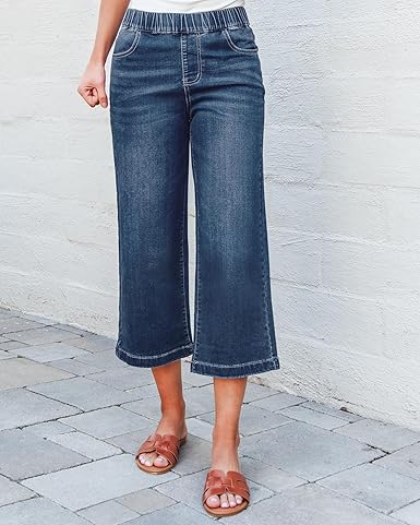 GRAPENT Capri Jeans for Women Wide Leg High Waisted Effortless Flow Pull On Stretchy Denim Elastic Waist Pants with Pockets