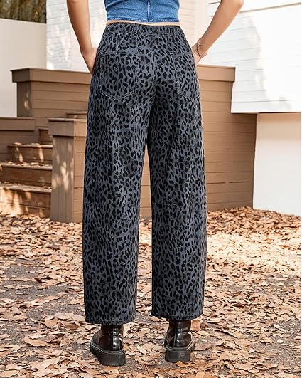 GRAPENT Barrel Jeans for Women Trendy High Waisted Pull On Wide Leg Cropped Leopard Cheetah Print Stretchy Denim Pants