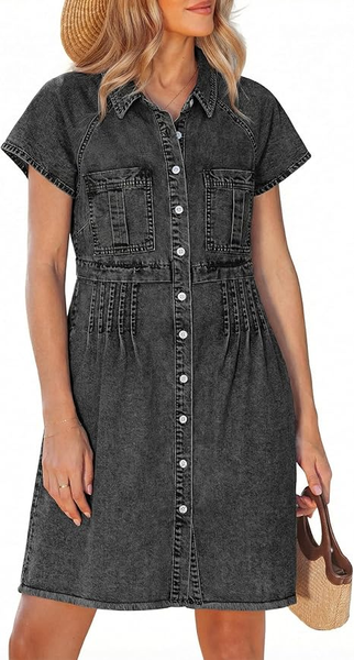GRAPENT Denim Dresses for Women Short Sleeve Babydoll Pleated Raw Hem Distressed Casual Western Jean Dress with Pockets