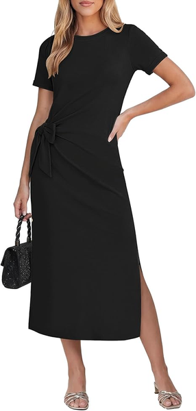 GRAPENT Long Dresses for Women Casual Summer Side Split Beach Vacation Short Sleeve Self Tie 2026 Comfy Tshirt Dress
