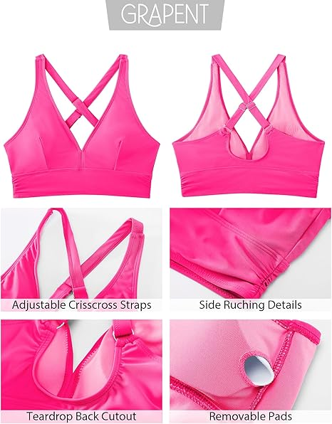 GRAPENT Bikini Top for Women V Neck Ruched Criss Cross Padded Beach Vacation Bathing Suit Modest Cute Swim Suit Top Only