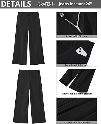 GRAPENT Wide Leg Jeans Woman Trendy Cropped High Waisted Front Seam Casual Stretchy Denim Trouser Jeans with Pockets