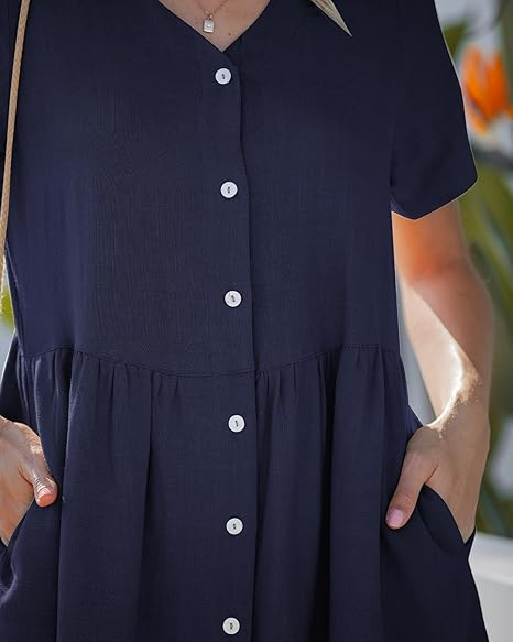 GRAPENT Linen Dresses for Women Casual Summer Babydoll Button Down Short Sleeve V Neck Above Knee Dress with Pockets