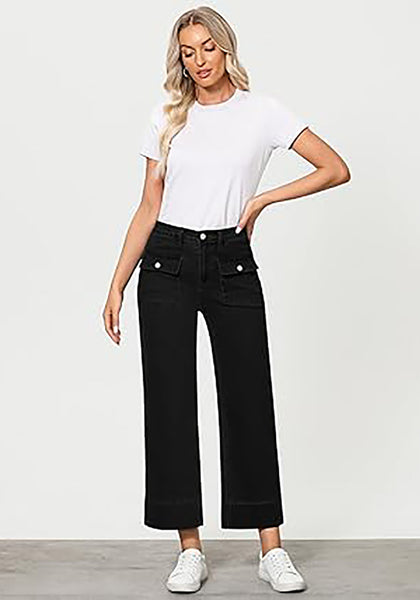 GRAPENT Wide Leg Jeans for Women Trendy High Waisted Straight Leg Cropped Stretchy Denim Pants with Retro Patch Pockets