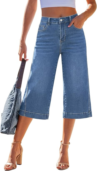 GRAPENT Capri Jeans for Women Wide Leg Trendy High Waisted Side Seam Stretchy Denim Capris Pants Summer Casual Jeans