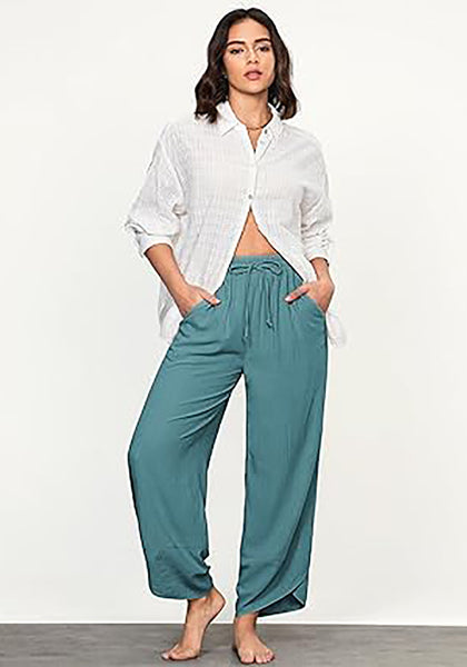 GRAPENT Linen Pants Women High Waisted Wide Leg Casual Beach Pull On Elastic Waist Summer Cropped Pants with Pockets