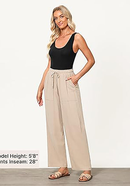 GRAPENT Linen Pants for Women Wide Leg High Waisted Baggy Drawstring Elastic Waist Palazzo Trousers Pants with Pockets