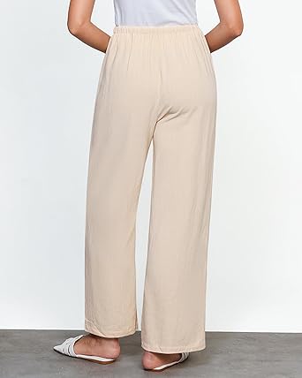 GRAPENT Linen Wide Leg Pants Woman High Waisted Pull On Button Drawstring Baggy Casual Summer Palazzo Pants with Pockets