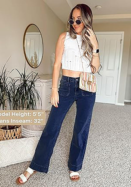 GRAPENT Women's Full Length Stretch Denim Regular Jeans High Waisted Bell Bottom