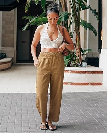 GRAPENT Linen Pants Women Wide Leg High Waisted Cropped Barrel Pull On Smocked Elastic Waist Summer Pants with Pockets