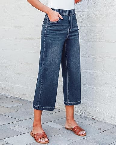 GRAPENT Capri Jeans for Women Wide Leg High Waisted Effortless Flow Pull On Stretchy Denim Elastic Waist Pants with Pockets