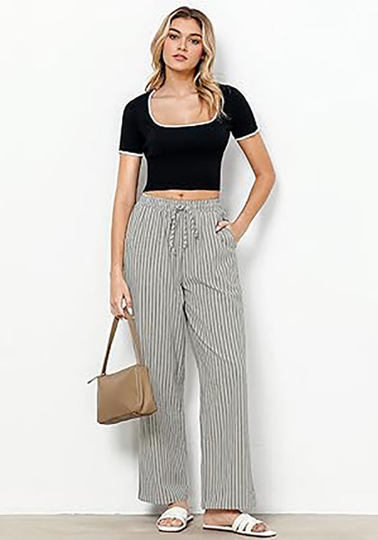 GRAPENT Striped Pants for Women High Waisted Wide Leg Cotton Linen Trendy Beach Pull on Elastic Waist Casual Flowy Pants