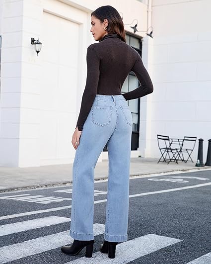 GRAPENT Wide Leg Jeans Woman High Waisted Trendy Stretchy Denim Pants Classic Trouser Jeans with Slash Pockets