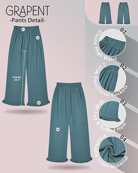 GRAPENT Linen Pants Women Wide Leg Ruffle Hem Pull On High Waisted Elastic Waist Cropped Ankle Casual Beach Summer Pants