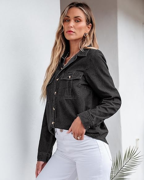 Grapent Women's Supima Cotton Wrinkle-free Relaxed Fit  Button Shirt Workwear-inspired Denim Shirt