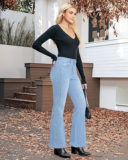 GRAPENT Flare Jeans for Women High Waisted Trendy Wide Leg Embellished Rhinestone Sparkly Concert Stretchy Denim Pants