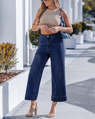 GRAPENT Wide Leg Jeans for Women Cropped Trendy High Waisted Welt Pocket Stretchy Denim Pants Distressed Trouser Jeans