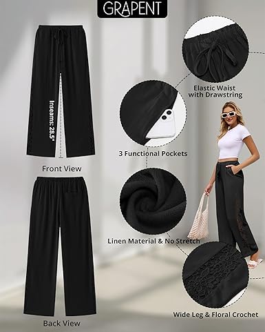 GRAPENT Linen Pants Women Wide Leg High Waisted Crochet Panel Pull On Elastic Waist Casual Summer Beach Vacation Pants