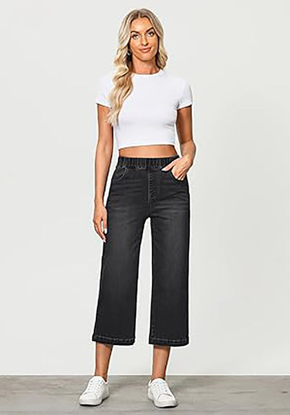 GRAPENT Capri Jeans for Women Wide Leg High Waisted Effortless Flow Pull On Stretchy Denim Elastic Waist Pants with Pockets