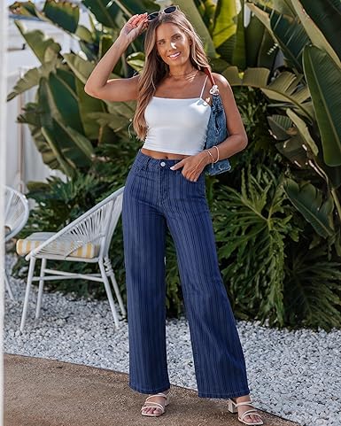 GRAPENT Striped Jeans for Women Trendy High Waisted Wide Leg Dressy Casual Stretchy Denim Pants Trouser Jeans