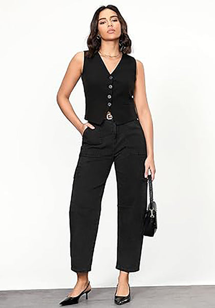 GRAPENT Barrel Jeans for Women Trendy High Waisted Cropped Cargo Pocket Baggy Stretch Denim Pants Wide Leg Tapered Jeans