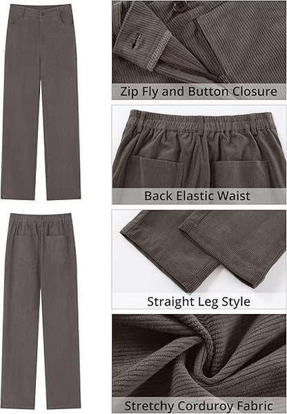 GRAPENT Corduroy Pants for Women High Wasited Straight Leg Elastic Waist Stretchy Casual Work Pants Fall Winter Trousers