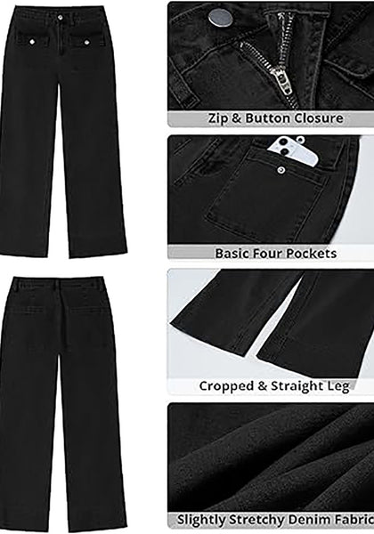 GRAPENT Wide Leg Jeans for Women Trendy High Waisted Straight Leg Cropped Stretchy Denim Pants with Retro Patch Pockets