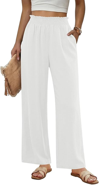 GRAPENT Linen Pants for Women Wide Leg High Waisted Paper Bag Smocked Waist Casual Summer Beach Vacation Palazzo Pants