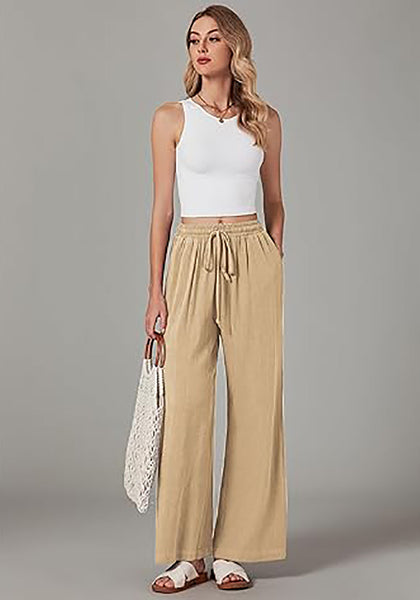 GRAPENT Wide Leg Pants Woman Linen High Waisted Pull On Flowy Casual Baggy Drawstring Palazzo Trousers Pants Resort Wear