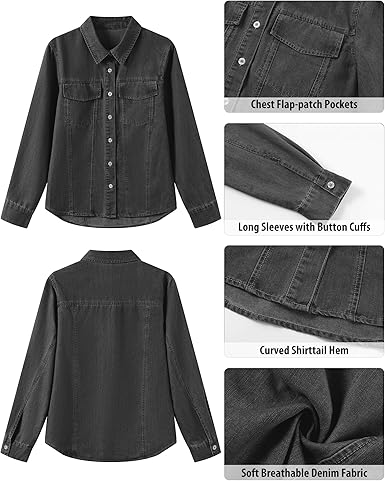 GRAPENT Women's Shirt Rugged Button Down Loose Durable Classic Fitted Denim Blouse Top