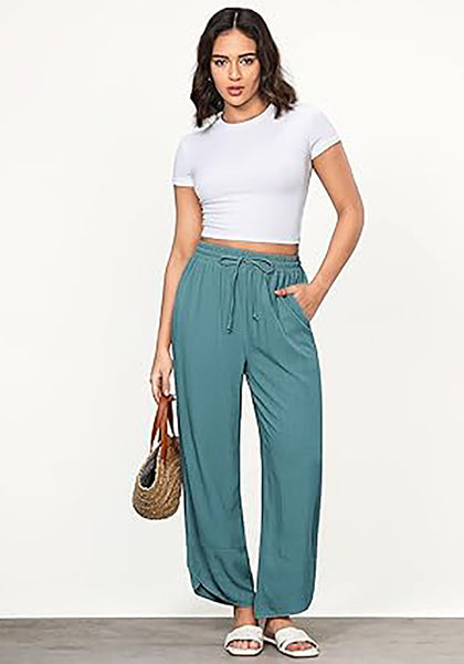 GRAPENT Linen Pants Women High Waisted Wide Leg Casual Beach Pull On Elastic Waist Summer Cropped Pants with Pockets