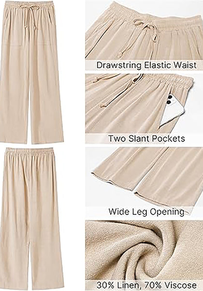 GRAPENT Linen Pants for Women Wide Leg High Waisted Baggy Drawstring Elastic Waist Palazzo Trousers Pants with Pockets