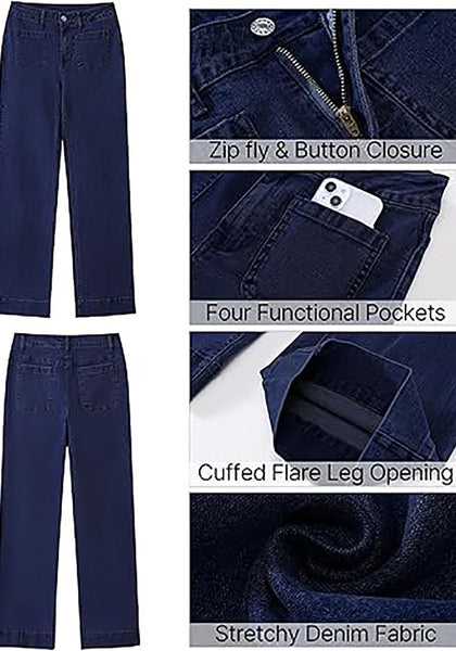 GRAPENT Women's Full Length Stretch Denim Regular Jeans High Waisted Bell Bottom