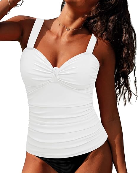 GRAPENT Women's Solid Stretch Ruched Twist Front Tankini Top With No Bottom
