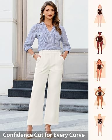 GRAPENT Wide Leg Dress Pants Women Business Casual High Waisted Elastic Waist Stretchy Work Trousers Pants with Pockets