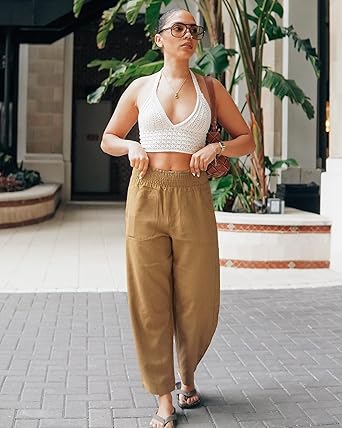 GRAPENT Linen Pants Women Wide Leg High Waisted Cropped Barrel Pull On Smocked Elastic Waist Summer Pants with Pockets