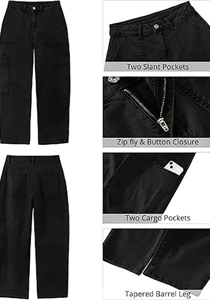 GRAPENT Barrel Jeans for Women Trendy High Waisted Cropped Cargo Pocket Baggy Stretch Denim Pants Wide Leg Tapered Jeans