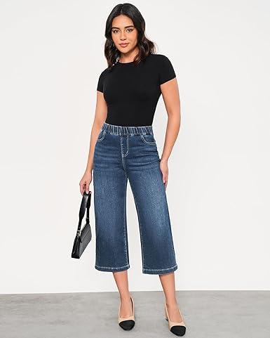 GRAPENT Capri Jeans for Women Wide Leg High Waisted Effortless Flow Pull On Stretchy Denim Elastic Waist Pants with Pockets