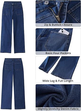 GRAPENT Wide Leg Jeans for Women Trendy High Waisted Loose Straight Leg Stretchy Retro Denim Pants with Pouch Pockets