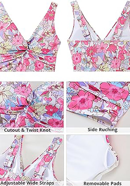 GRAPENT Bikini Tops for Women Cropped Tankini Tops Floral Printed Beach Padded Knot Twist Cut Out Bathing Suit Top Only