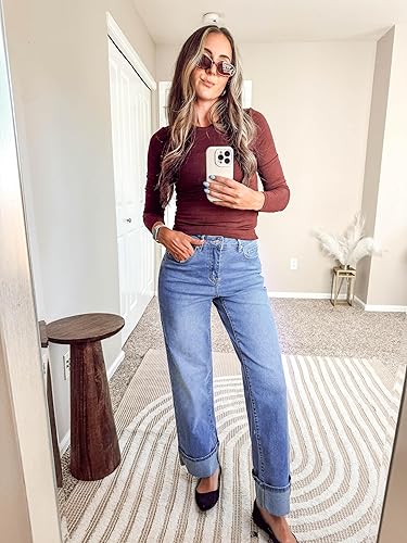 GRAPENT Wide Leg Jeans for Women Trendy High Waisted Cuffed Hem Stretchy Denim Trousers Pants Work Casual Jeans