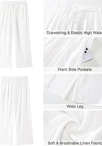 GRAPENT Linen Pants for Women High Waisted Wide Leg Capri Elastic Waist Casual Beach Flowy Cropped Summer Capris Pants