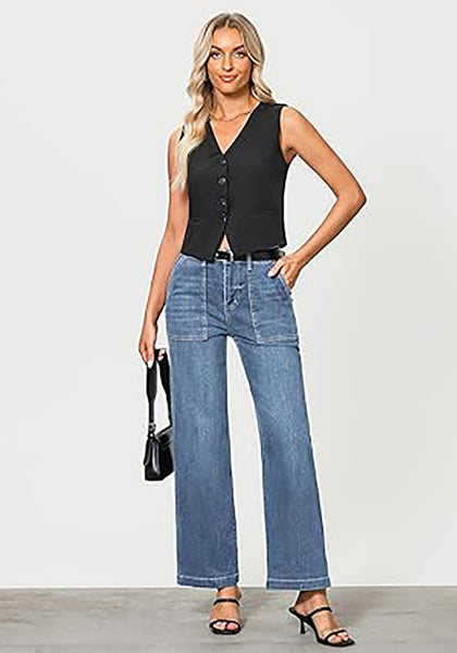 GRAPENT Jeans for Women High Waisted Straight Leg Jeans Stretchy Trendy Wide Leg Denim Pants Jean Trousers Patch Pockets