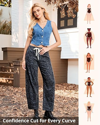 GRAPENT Barrel Jeans for Women Trendy High Waisted Pull On Wide Leg Cropped Leopard Cheetah Print Stretchy Denim Pants