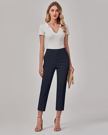 GRAPENT Capri Pants for Women High Waisted Pull On Dress Pants Slim Straight Leg Stretchy Waist Capris Trousers Pants