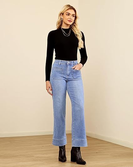 GRAPENT Wide Leg Jeans Woman Trendy High Waisted Patch Pocket Stretchy Denim Pants Vintage Casual Trouser Jeans