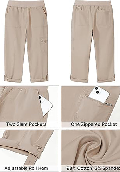 GRAPENT Capri Cargo Pants for Women High Waisted Pull On Elastic Waist Stretch Twill Fold Hem Capris Pants with Pockets